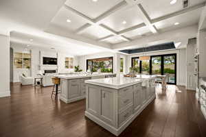 Kitchen with coffered ceiling, a kitchen bar, open floor plan, dark wood-style floors, and light stone counters