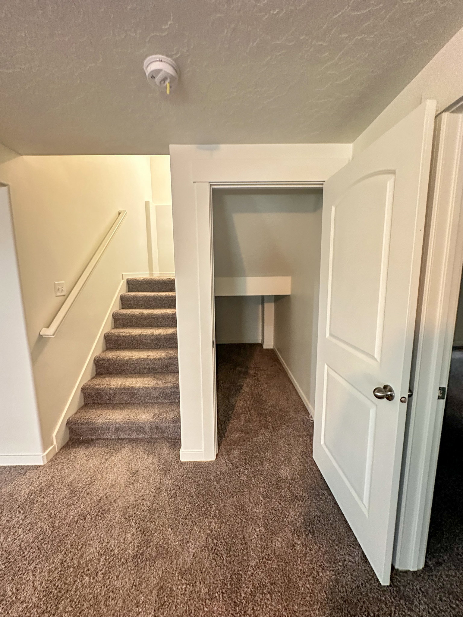 Staircase with carpet floors and a textured ceiling