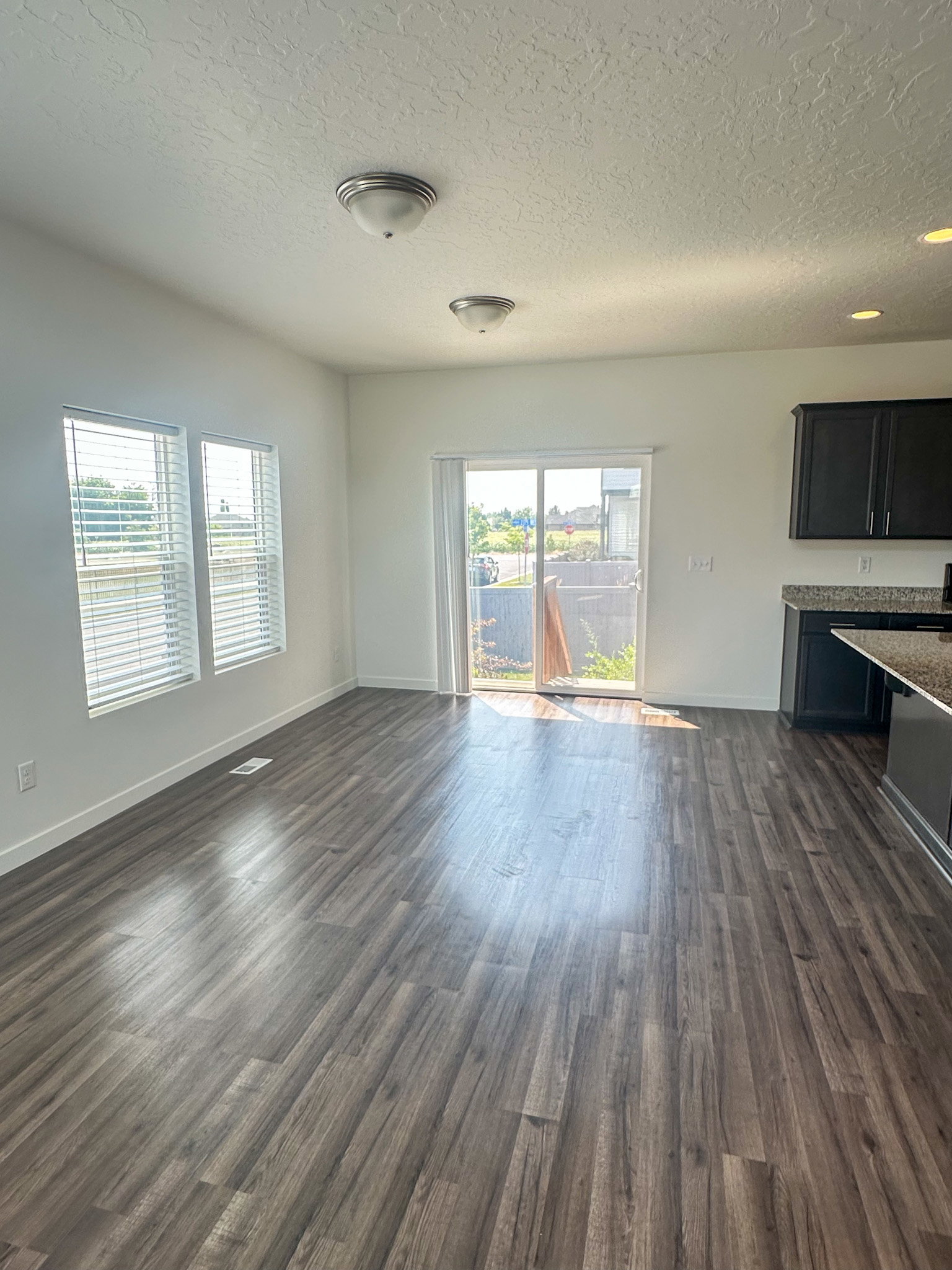 Unfurnished living room featuring a textured ceiling and dark wood finished floors
