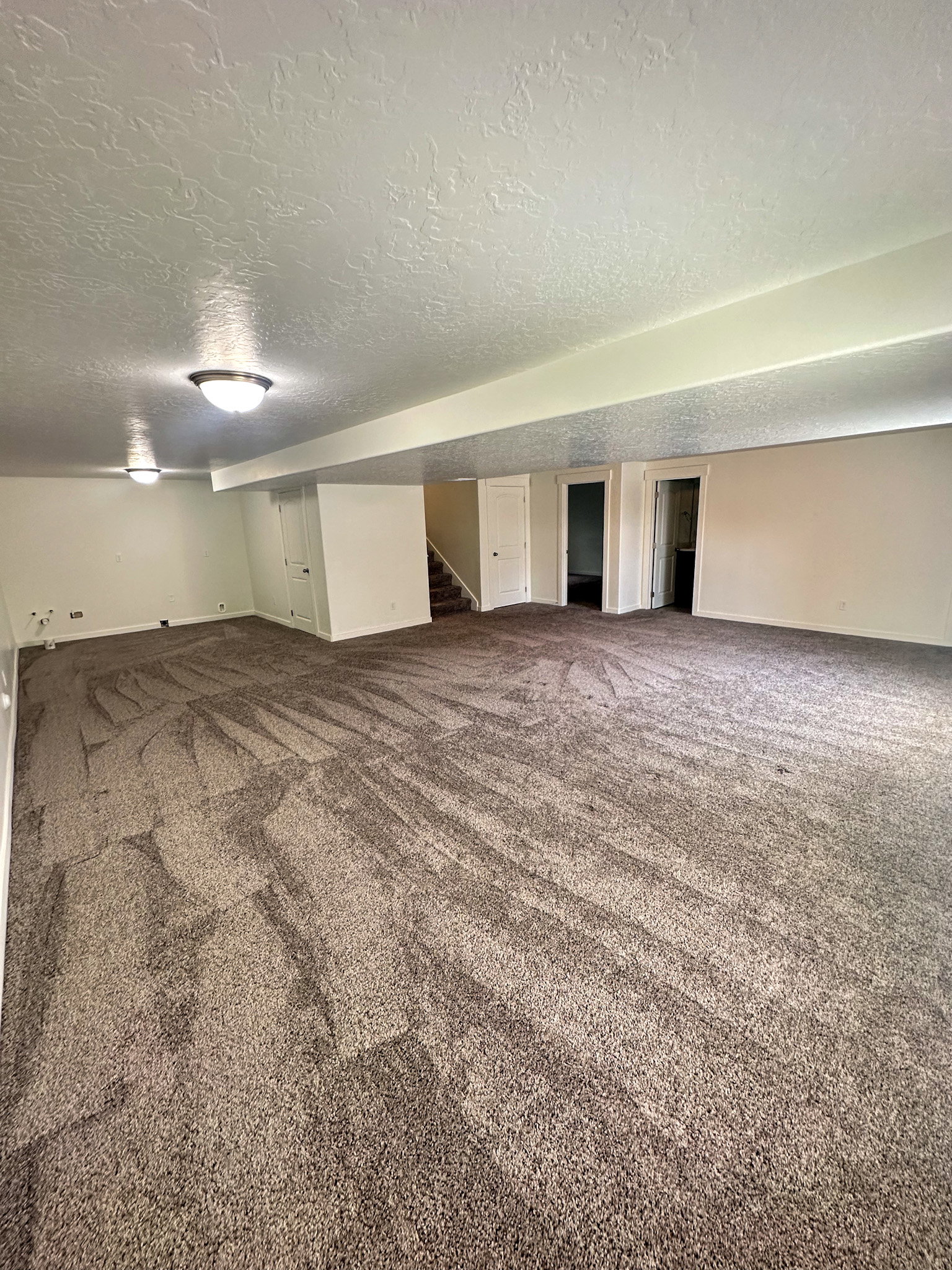 Finished below grade area with dark colored carpet and a textured ceiling