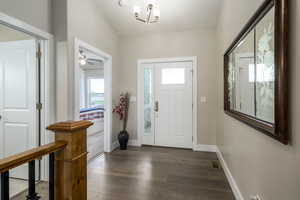 Foyer entrance featuring dark wood finished floors, healthy amount of natural light, ceiling fan, and a chandelier