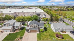 Aerial view of residential area with mountains