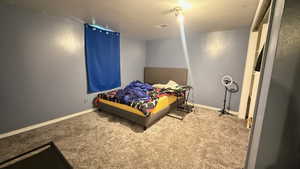 Bedroom with light colored carpet and baseboards