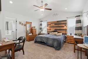 Bedroom featuring light colored carpet, recessed lighting, ceiling fan, and ensuite bathroom