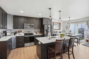 Kitchen with stainless steel appliances, light wood-type flooring, a kitchen breakfast bar, decorative light fixtures, and an island with sink