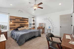 Carpeted bedroom with recessed lighting, a ceiling fan, and an office area