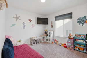 Bedroom with light carpet
