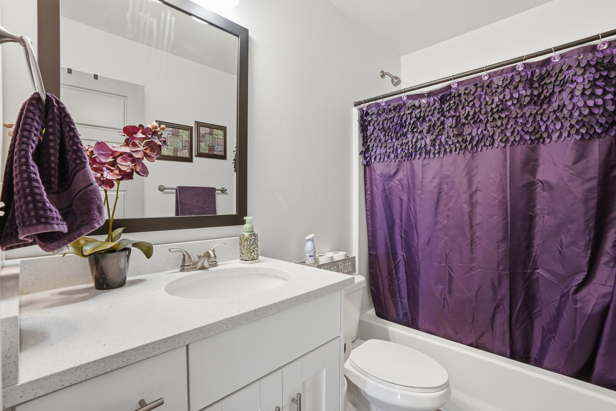 Full bath featuring vanity and shower / bath combo with shower curtain