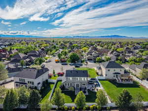 Aerial perspective of suburban area with mountains