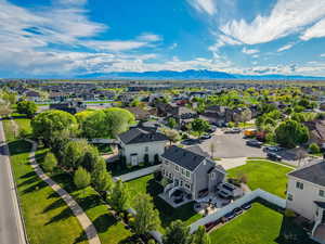 Aerial view of residential area featuring mountains