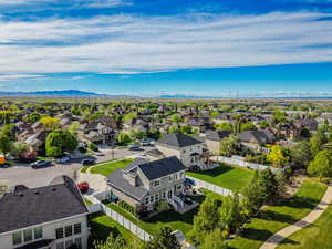 Aerial view of residential area with a mountain backdrop