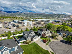 Aerial perspective of suburban area featuring mountains