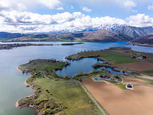 Aerial view of a water and mountain view