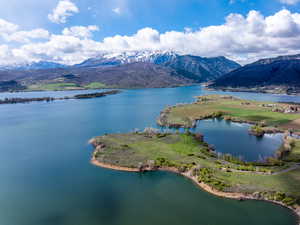 Aerial view of a water and mountain view