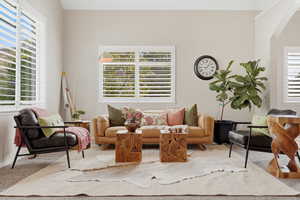 Carpeted living area featuring arched walkways