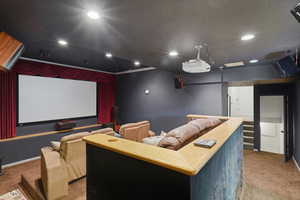 Home theater featuring carpet floors and recessed lighting