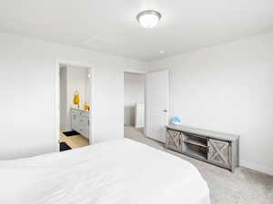 Bedroom with light colored carpet and connected bathroom