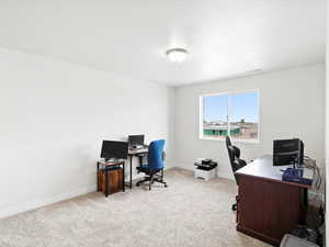 Home office with light colored carpet and baseboards