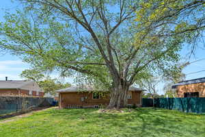 Back of house with a fenced backyard and brick siding