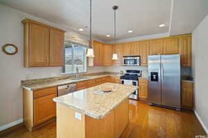 Kitchen featuring stainless steel appliances, light stone counters, dark wood-type flooring, and hanging light fixtures
