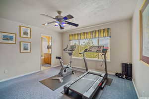 Exercise area featuring ceiling fan, a textured ceiling, and light carpet
