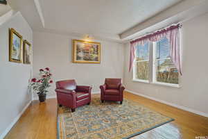Sitting room with light wood-type flooring and a tray ceiling