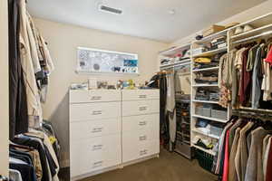 Walk in closet with dark colored carpet