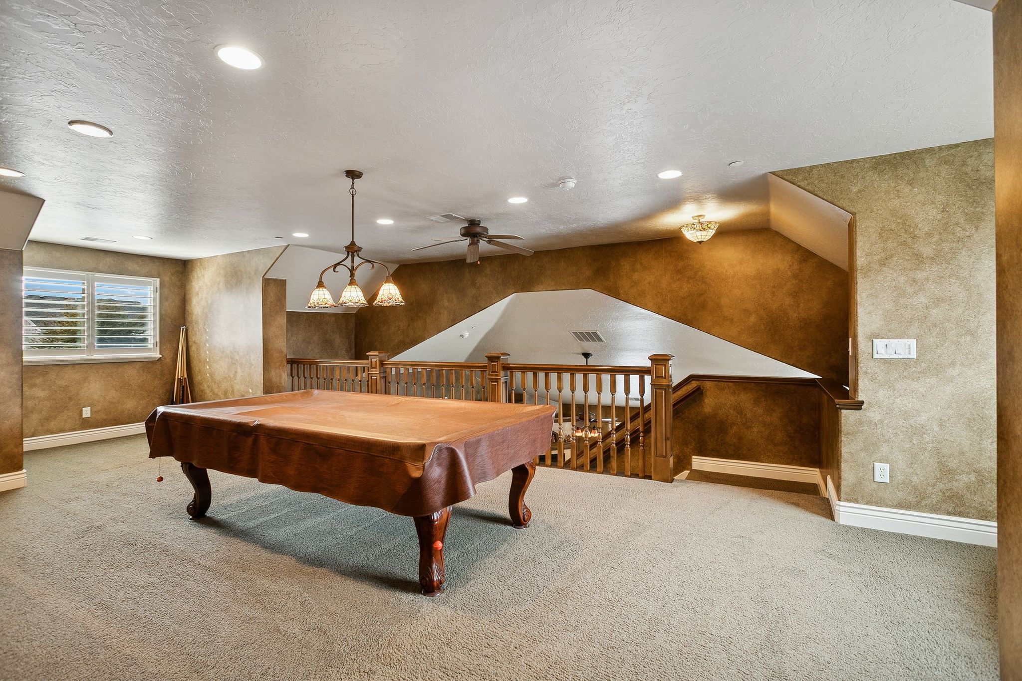 Rec room with billiards table, carpet, recessed lighting, ceiling fan, and a textured ceiling