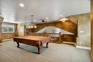 Rec room with billiards table, carpet, recessed lighting, ceiling fan, and a textured ceiling