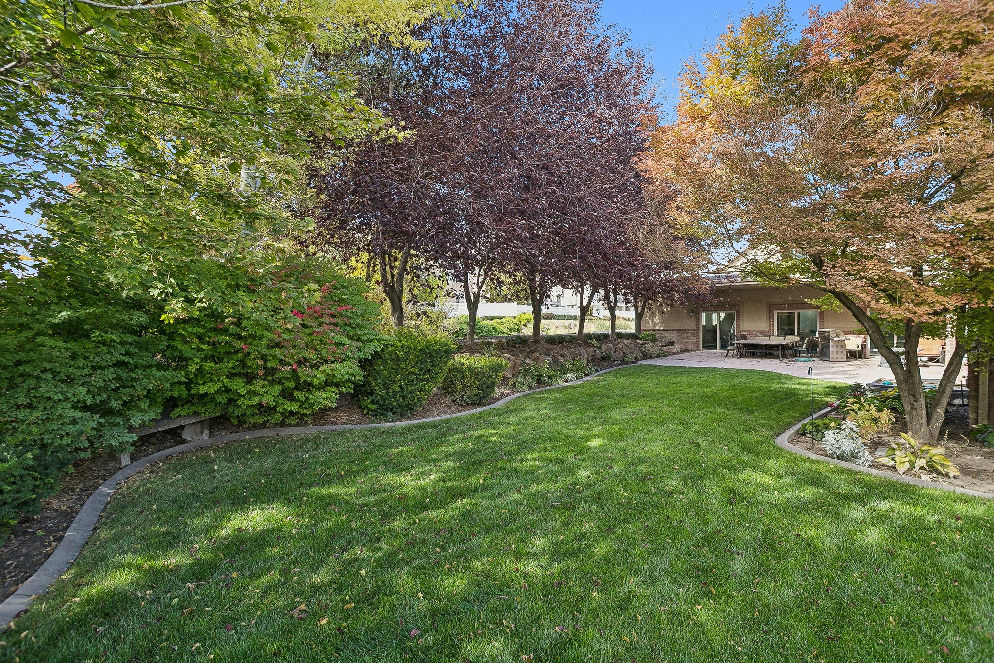 View of green lawn featuring a patio