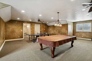 Rec room featuring ceiling fan, vaulted ceiling, pool table, and recessed lighting