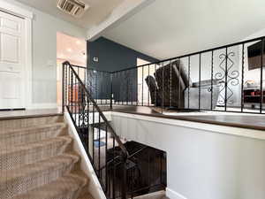 Staircase with patterned carpet treads and white risers, featuring a black wrought iron railing with decorative scrollwork