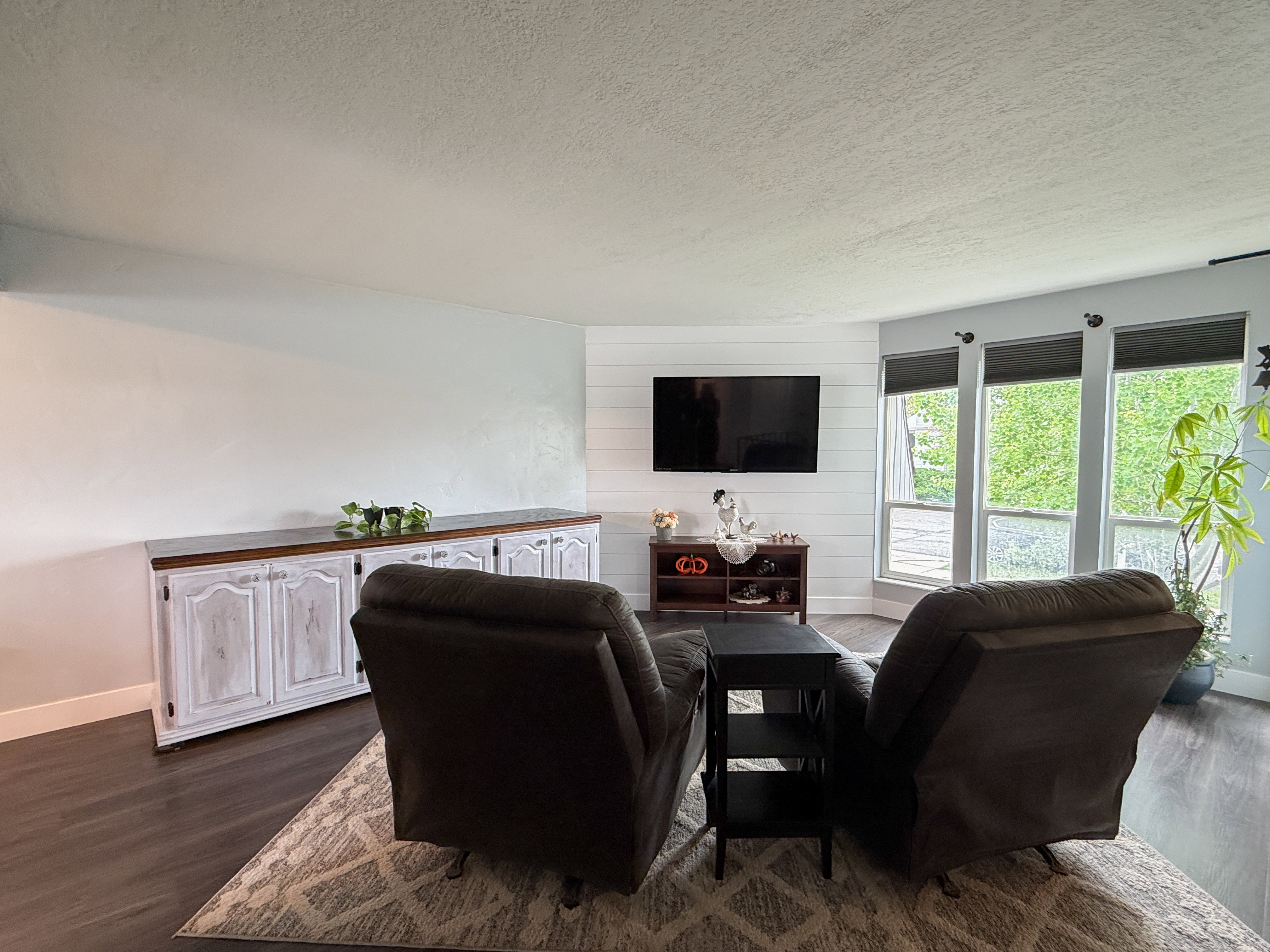 Living room with dark wood-finish flooring and a light-toned area rug