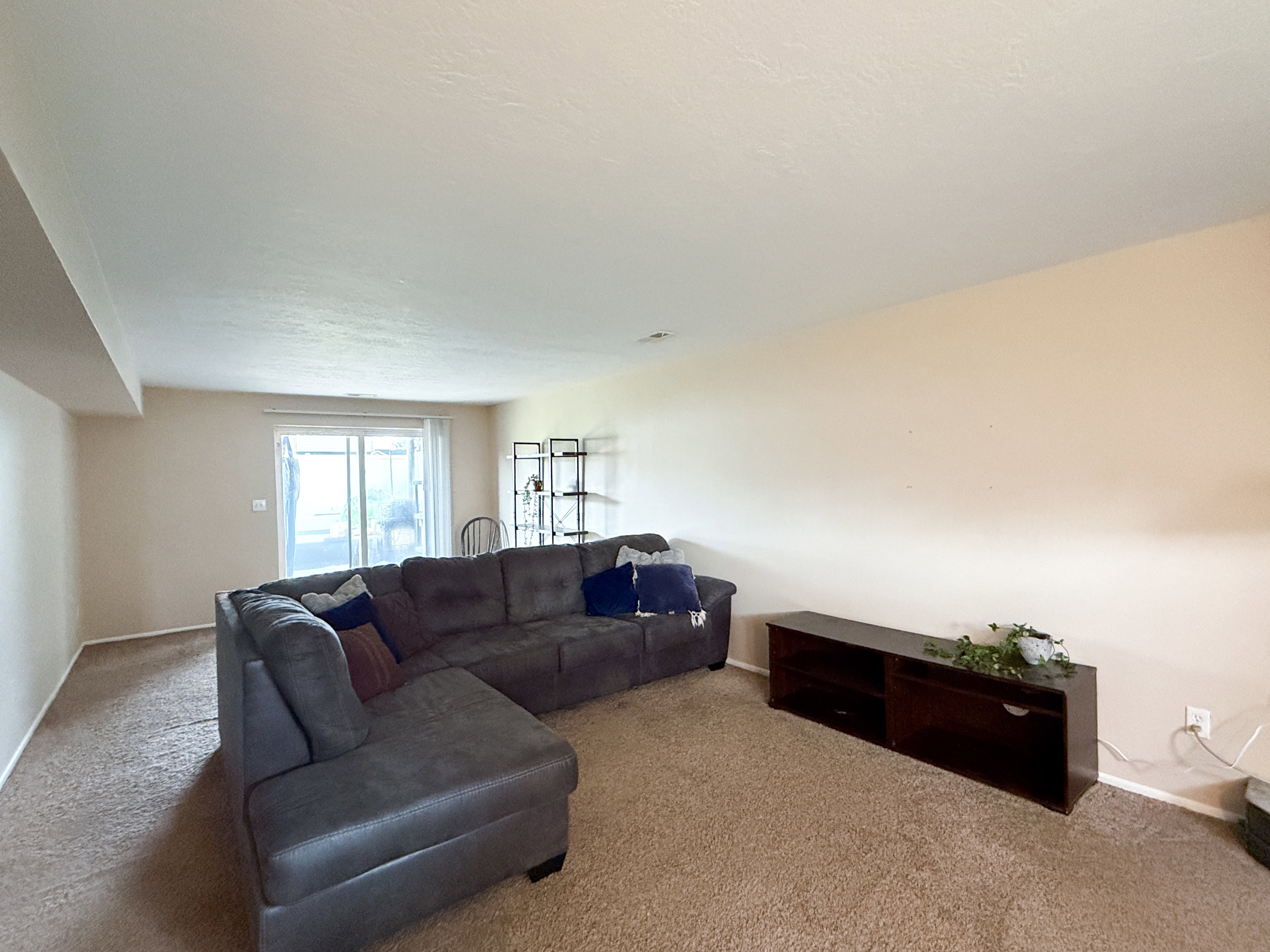 Spacious interior room featuring light-colored walls and textured carpeting
