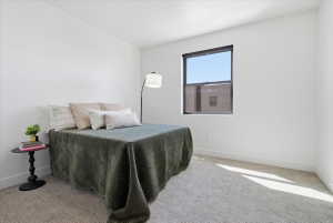 Bedroom with carpet floors and baseboards