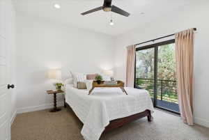 Bedroom featuring light carpet, access to outside, a ceiling fan, and recessed lighting