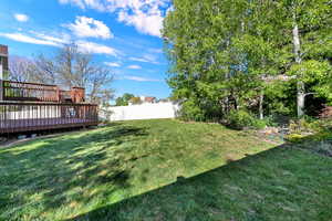 Fenced backyard featuring a deck