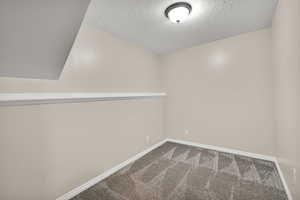Empty room with a textured ceiling and dark colored carpet