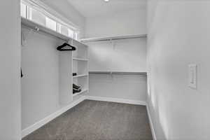 Walk in closet with light carpet