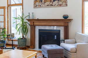 Living area with a fireplace and wood finished floors