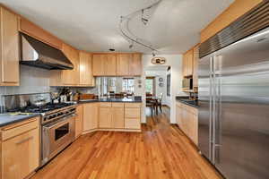 Kitchen featuring high quality appliances, rail lighting, range hood, light wood finish cabinetry, and light wood-style flooring