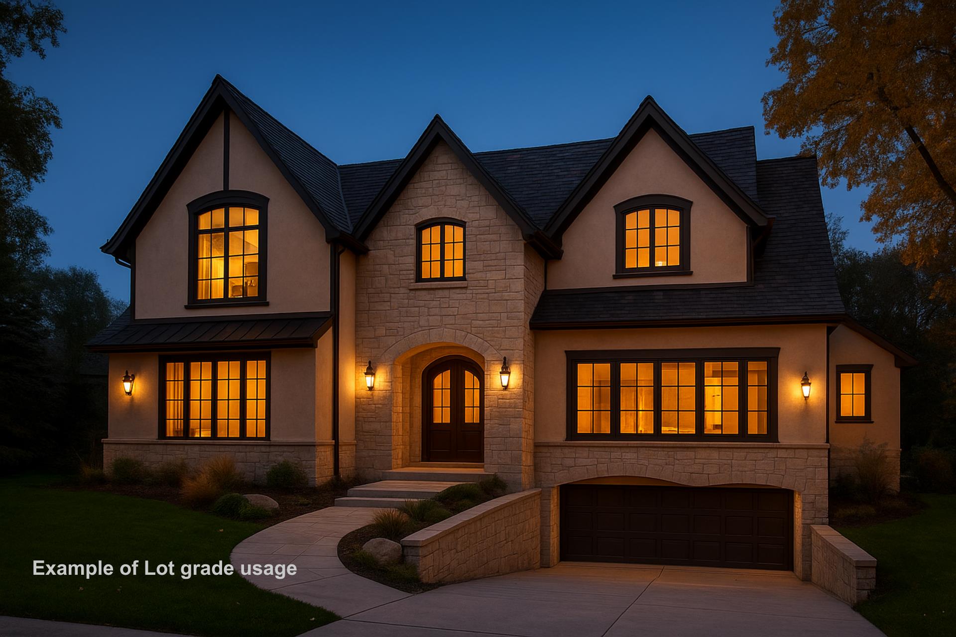 French country inspired facade with stone siding and stucco siding