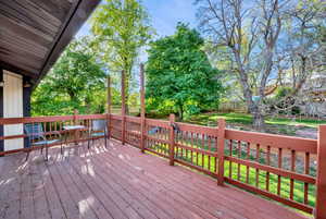 Wooden deck with a fenced backyard