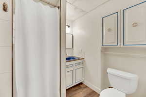 Bathroom with vanity, a shower stall, light wood-type flooring, and a drop ceiling