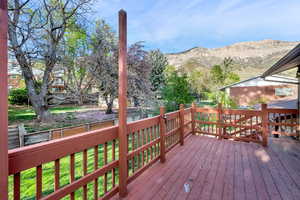 Wooden terrace featuring a mountain view