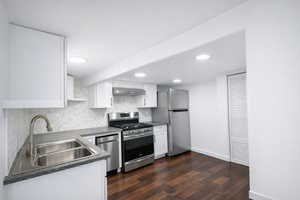 ADU kitchen featuring white cabinetry, stainless steel appliances, tasteful backsplash, dark wood-type flooring, and exhaust hood