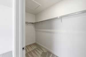 Walk in closet featuring attic access and light carpet