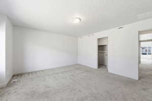 Unfurnished bedroom with light colored carpet, a walk in closet, and a textured ceiling