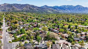 Aerial view of residential area with mountains