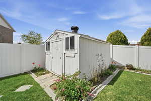 View of shed featuring a fenced backyard